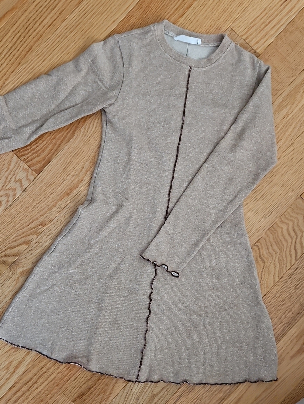 Zara Neutral Tan Long Sleeve Knit Dress with Contrast Stitching